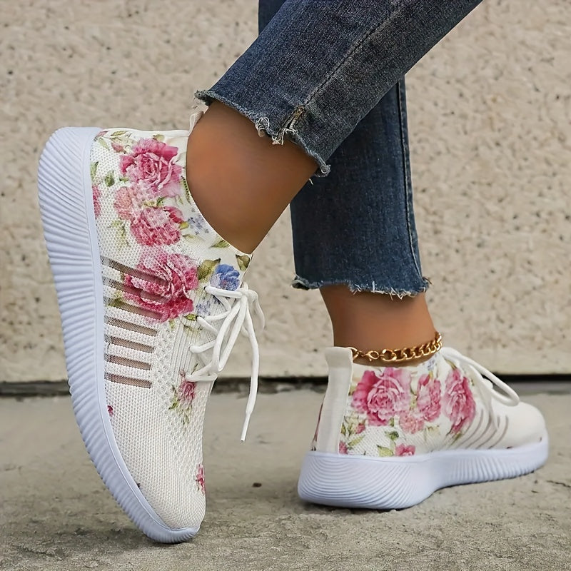 Women's Flower Pattern Sneakers Mesh Lace Up Outdoor Shoes
