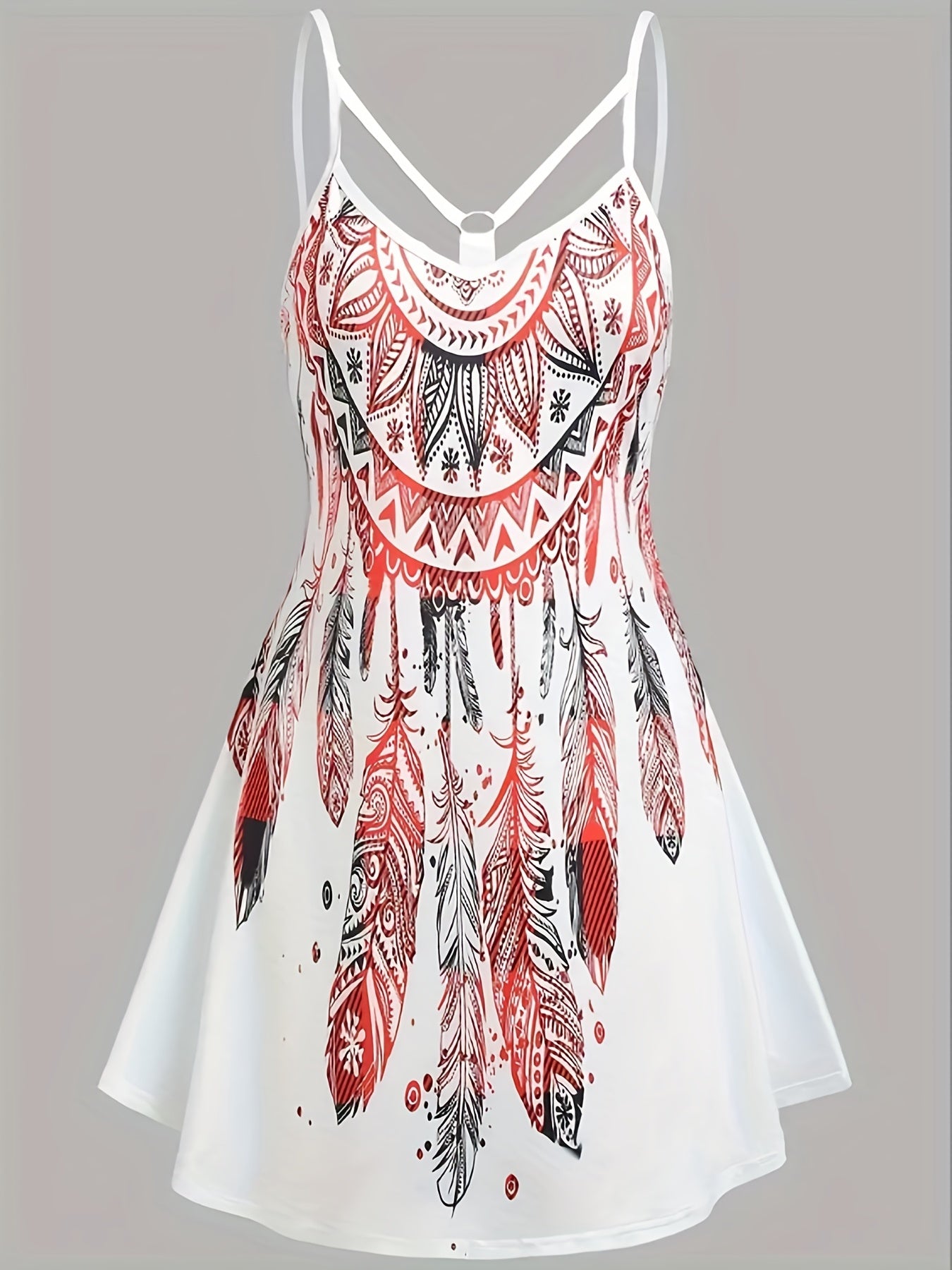 Feather Print Backless Dress Boho Spaghetti Strap Dress Women's Clothing