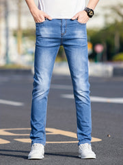 Slim Fit Washed Cotton Jeans Mens Casual Street Style Distressed Mid Stretch Den
