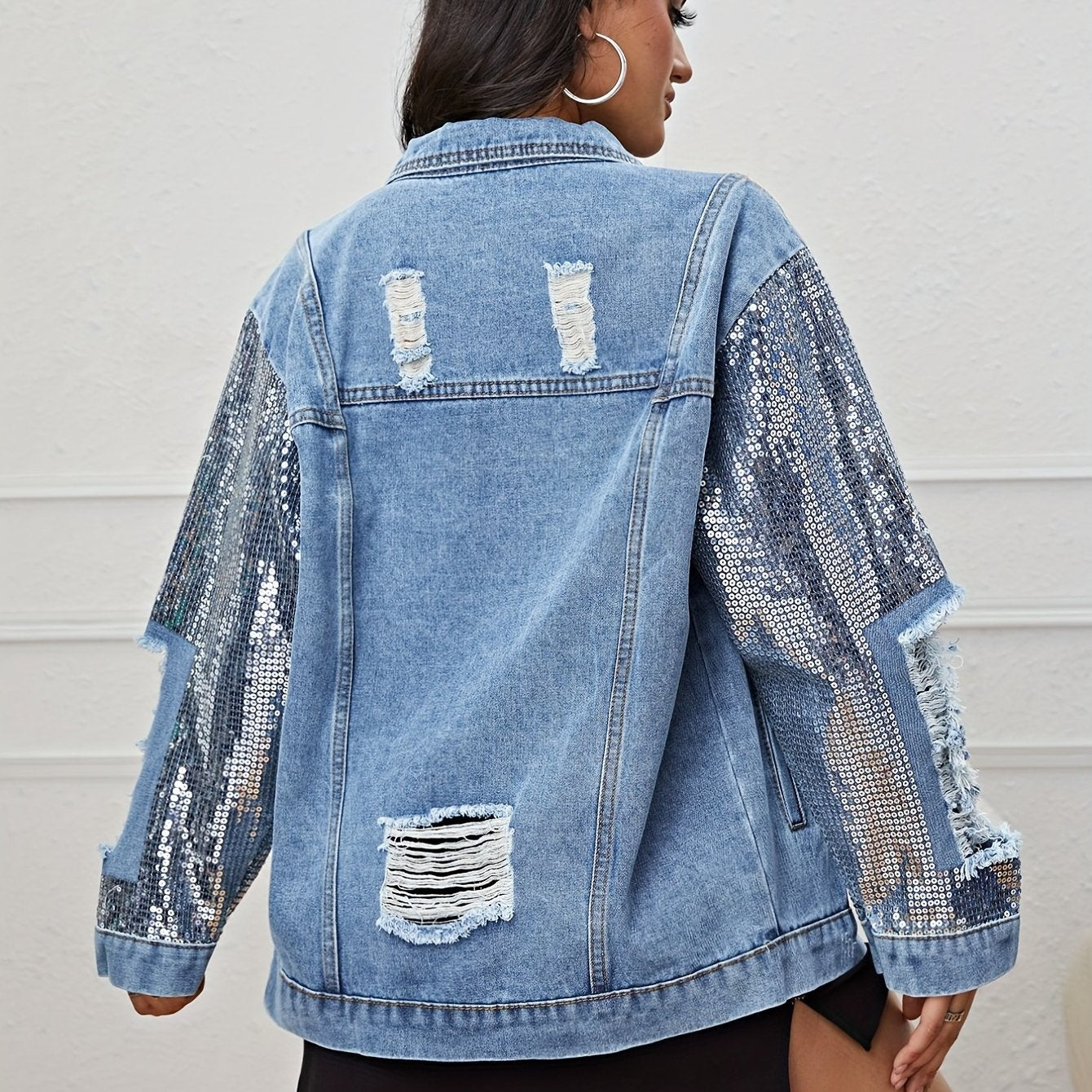 Sequin Long Sleeve Oversized Denim Jackets Flap Pocket Loose Fit