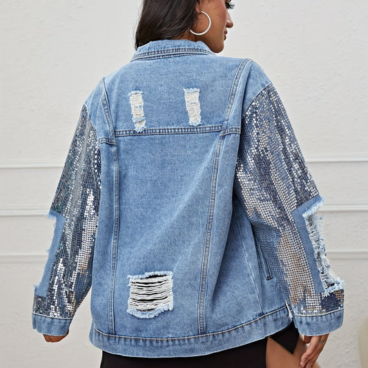 Sequin Long Sleeve Oversized Denim Jackets Flap Pocket Loose Fit