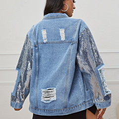 Sequin Long Sleeve Oversized Denim Jackets Flap Pocket Loose Fit