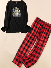 Plus Size Christmas Lounge Set Snowman & Birds Print Tee & Plaid Pants Pajamas