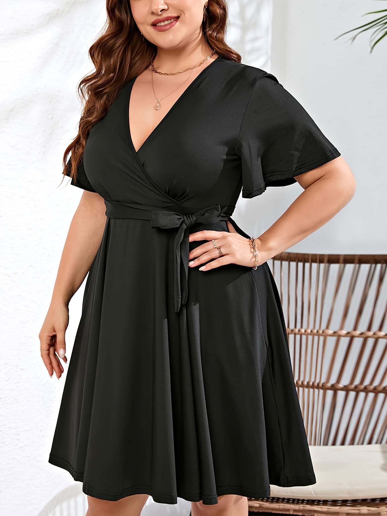 Solid Butterfly Sleeve Knee Length Dress With Pockets