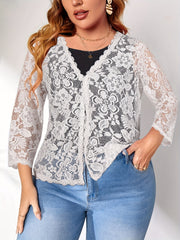 Women's Plus Floral Jacquard Crochet Long Sleeve Cardigan