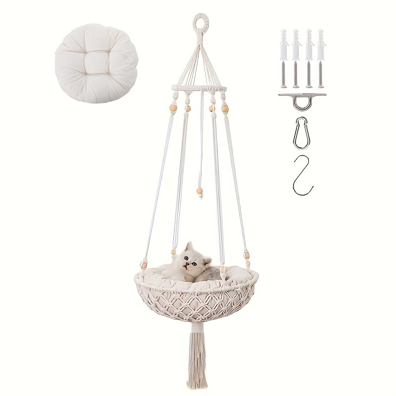 Handwoven Cat Hammock Boho Swing for Indoor Use with Hanging Kit