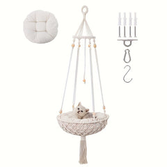 Handwoven Cat Hammock Boho Swing for Indoor Use with Hanging Kit