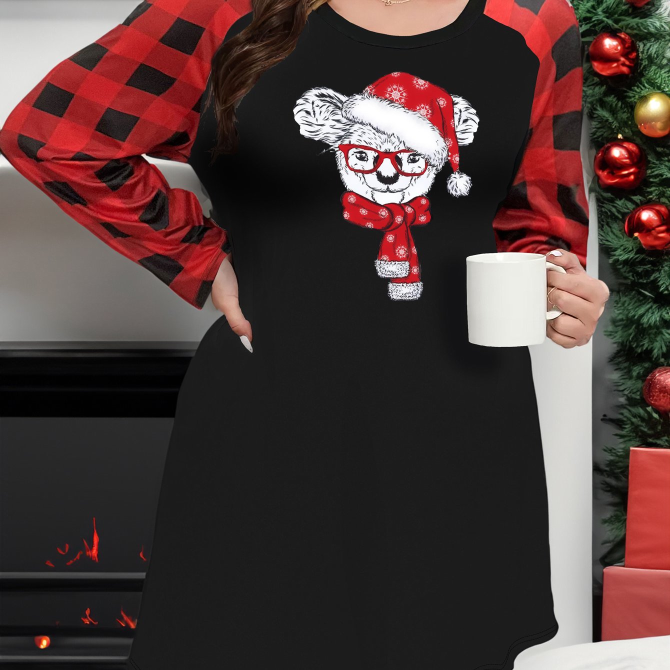 Christmas Loungewear Dress Women's Plus Koala Plaid Raglan