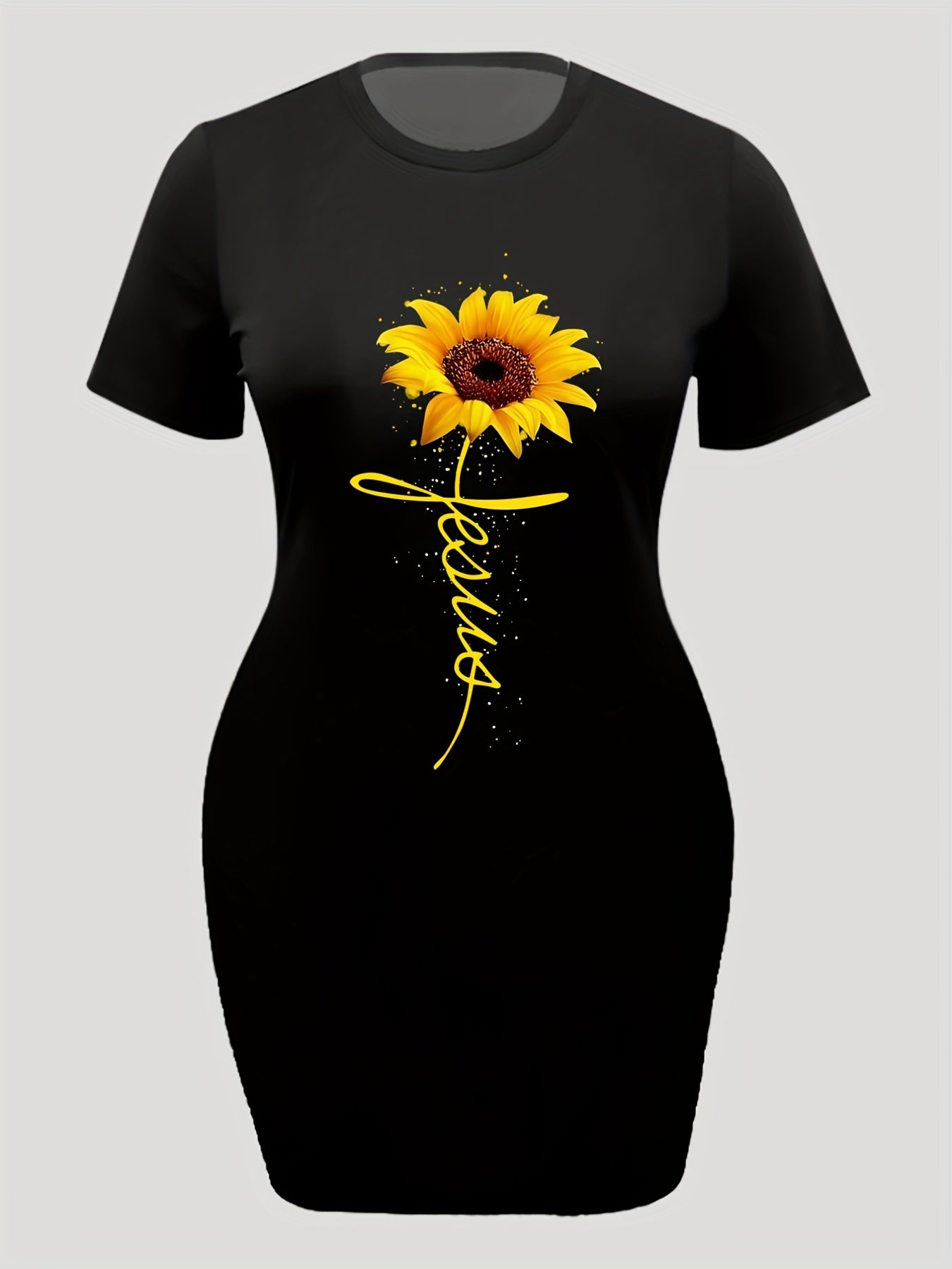 Women's Plus Letter & Sunflower Print Dress Short Sleeve Round Neck High Stretch