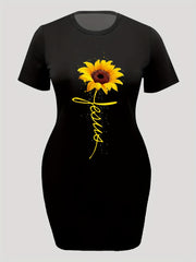 Women's Plus Letter & Sunflower Print Dress Short Sleeve Round Neck High Stretch