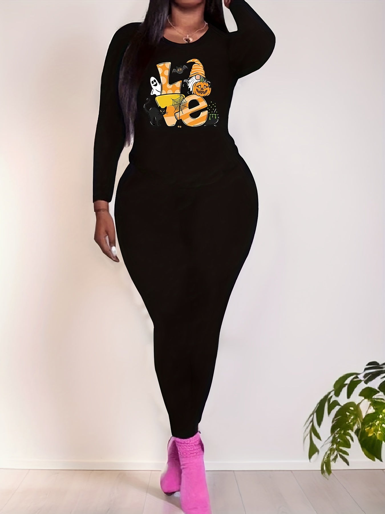 Halloween 2 Pc Set Women's Graphic Print Long Sleeve Top & Leggings