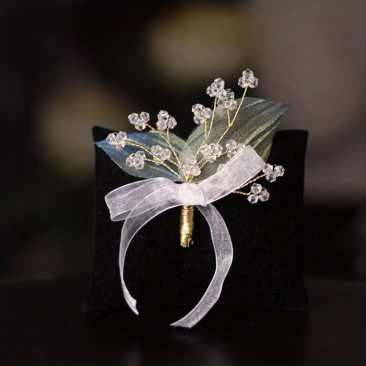 Leaf Shape Brooch Pin With Crystal Beads Mesh Bowknot Brooch