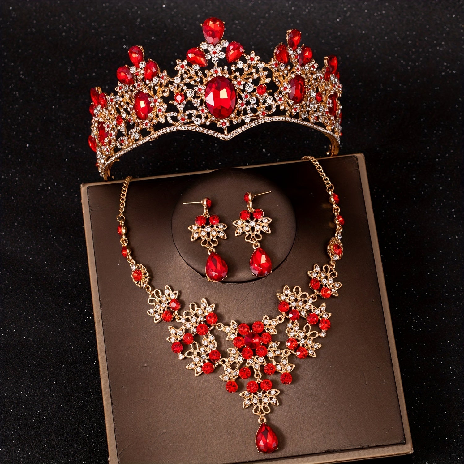 Baroque Red Rhinestone Necklace Crown Princess Queen Head Jewelry