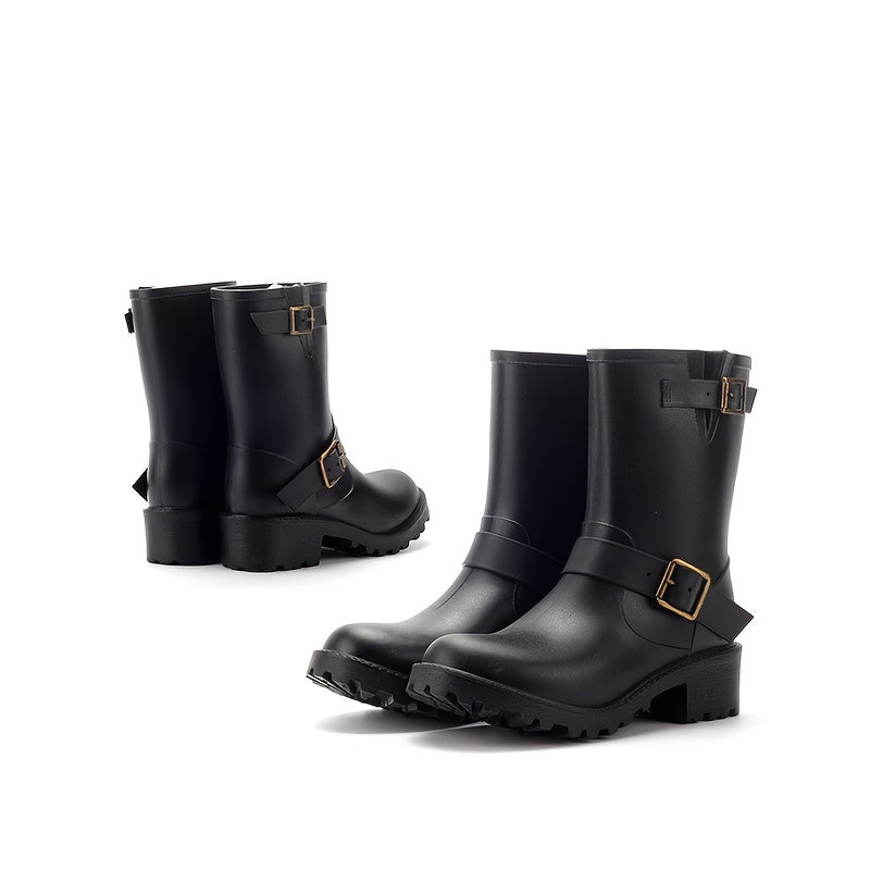 Women's Chunky Heel Rain Boots Waterproof Mid Calf Booties