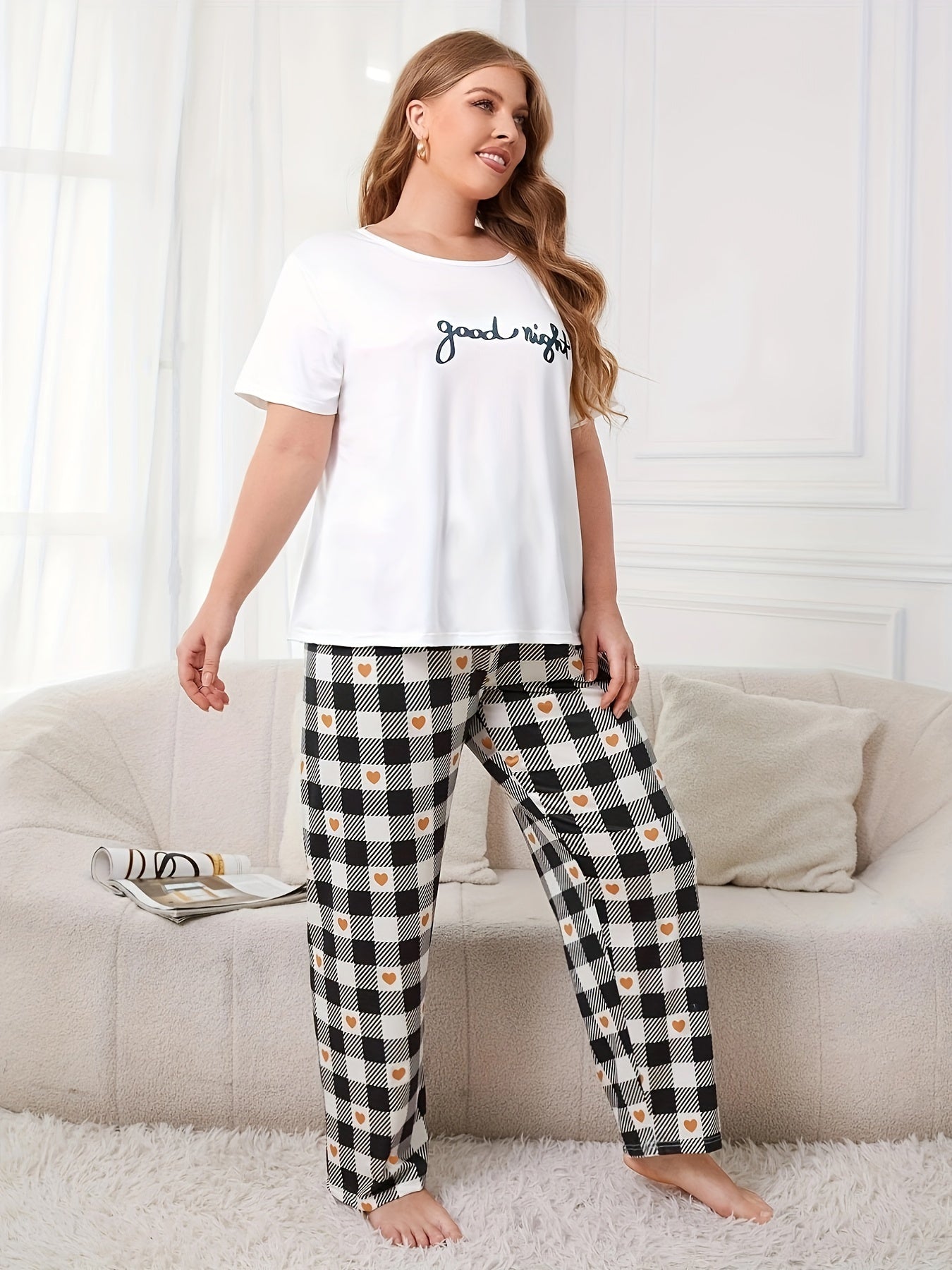 Women's Slogan & Heart Plaid Print Pajama Set