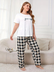 Women's Slogan & Heart Plaid Print Pajama Set