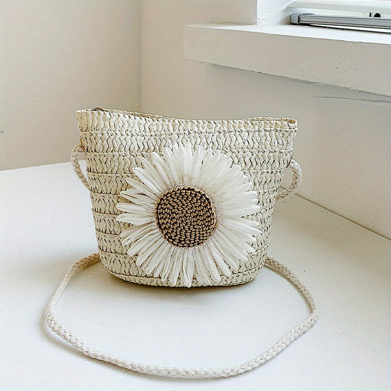 Kids Straw Woven Crossbody Bag Small Flower Coin Purse Handbag