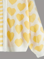 Stripe & Heart Print Button Up Sleeve Cardigan
