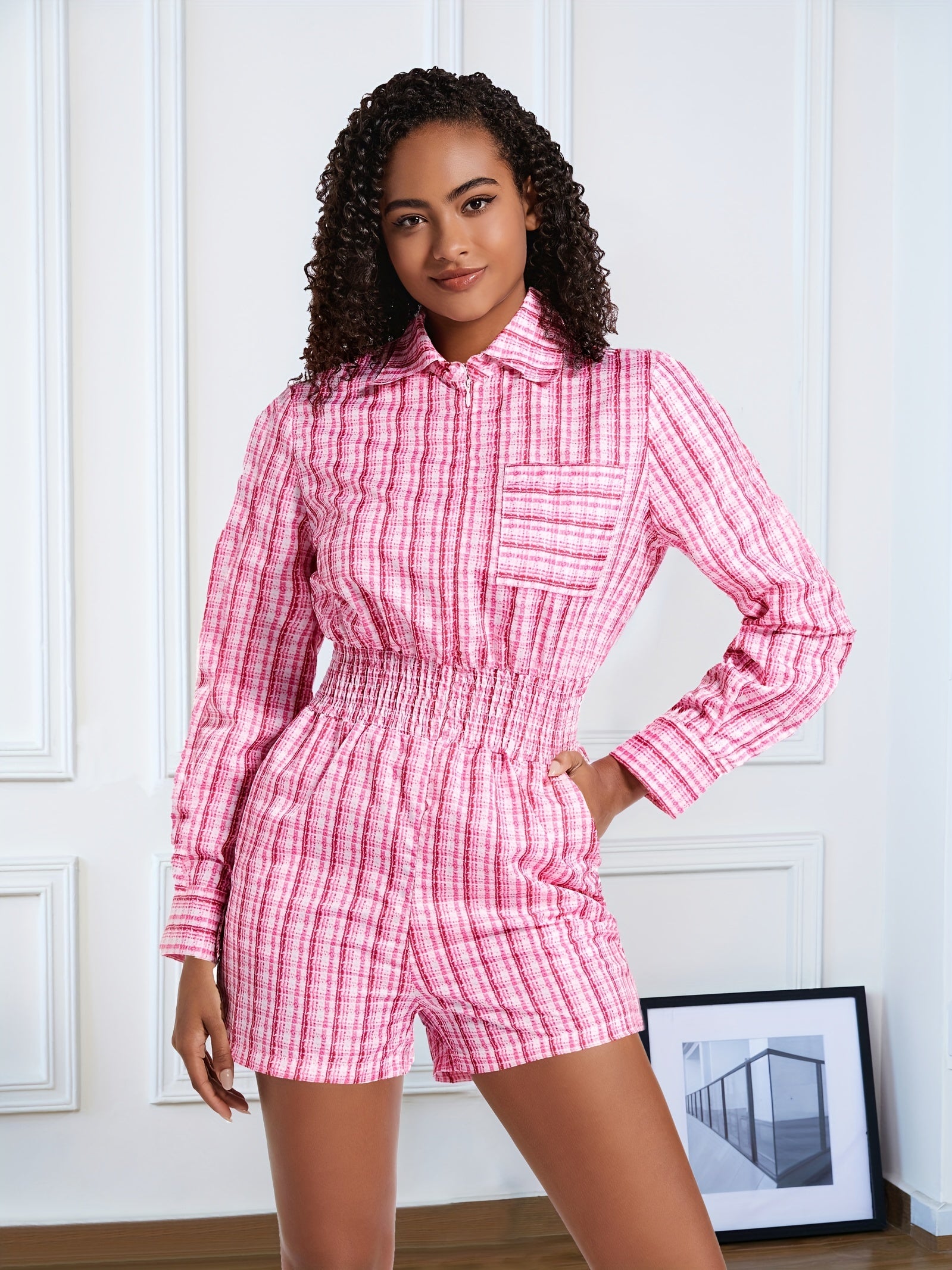 Plaid Pattern Waist Romper Jumpsuit Casual Long Sleeve Women's Clothing