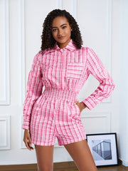 Plaid Pattern Waist Romper Jumpsuit Casual Long Sleeve Women's Clothing