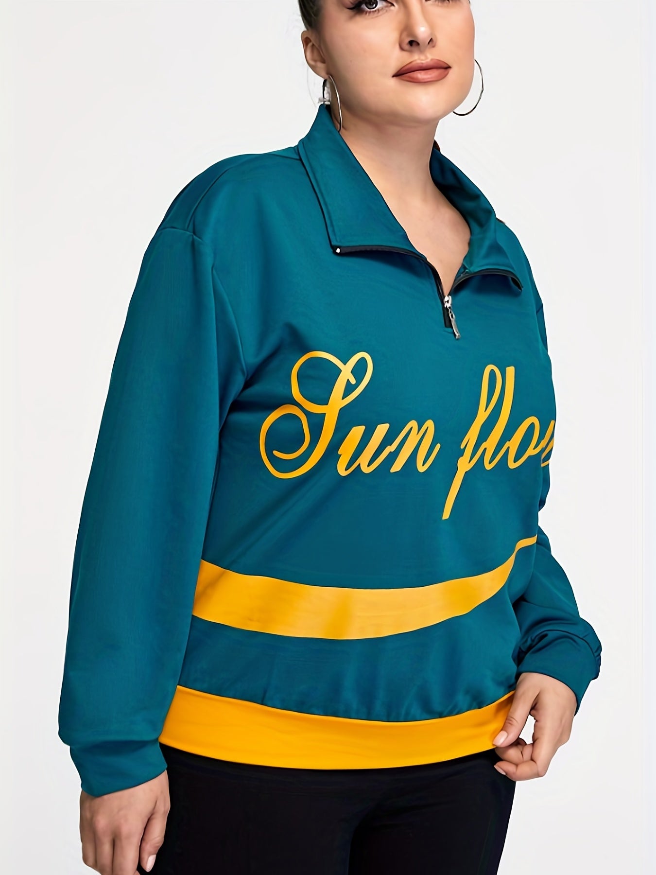 Women's Plus Size Retro Sports Top - Letter Print Long Sleeve Zipper Collar Top