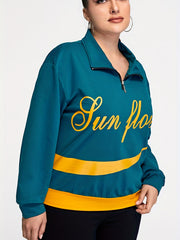 Women's Plus Size Retro Sports Top - Letter Print Long Sleeve Zipper Collar Top