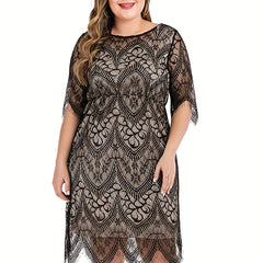 Women's Lace Floral Trim Half Sleeve Midi Dress