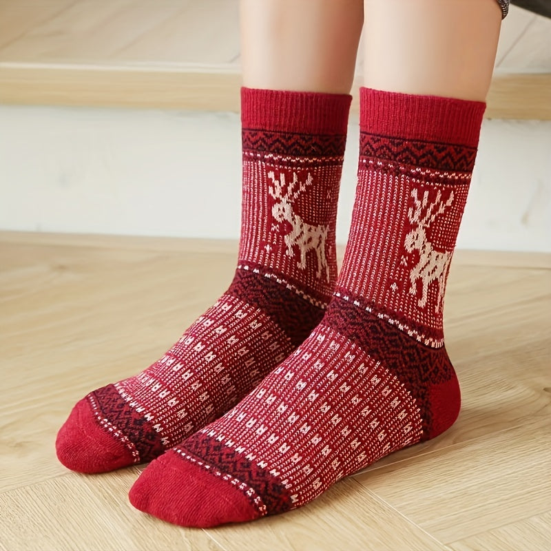 5 Pairs Cartoon Elk Print Socks Warm Christmas Mid Tube Women's Stockings