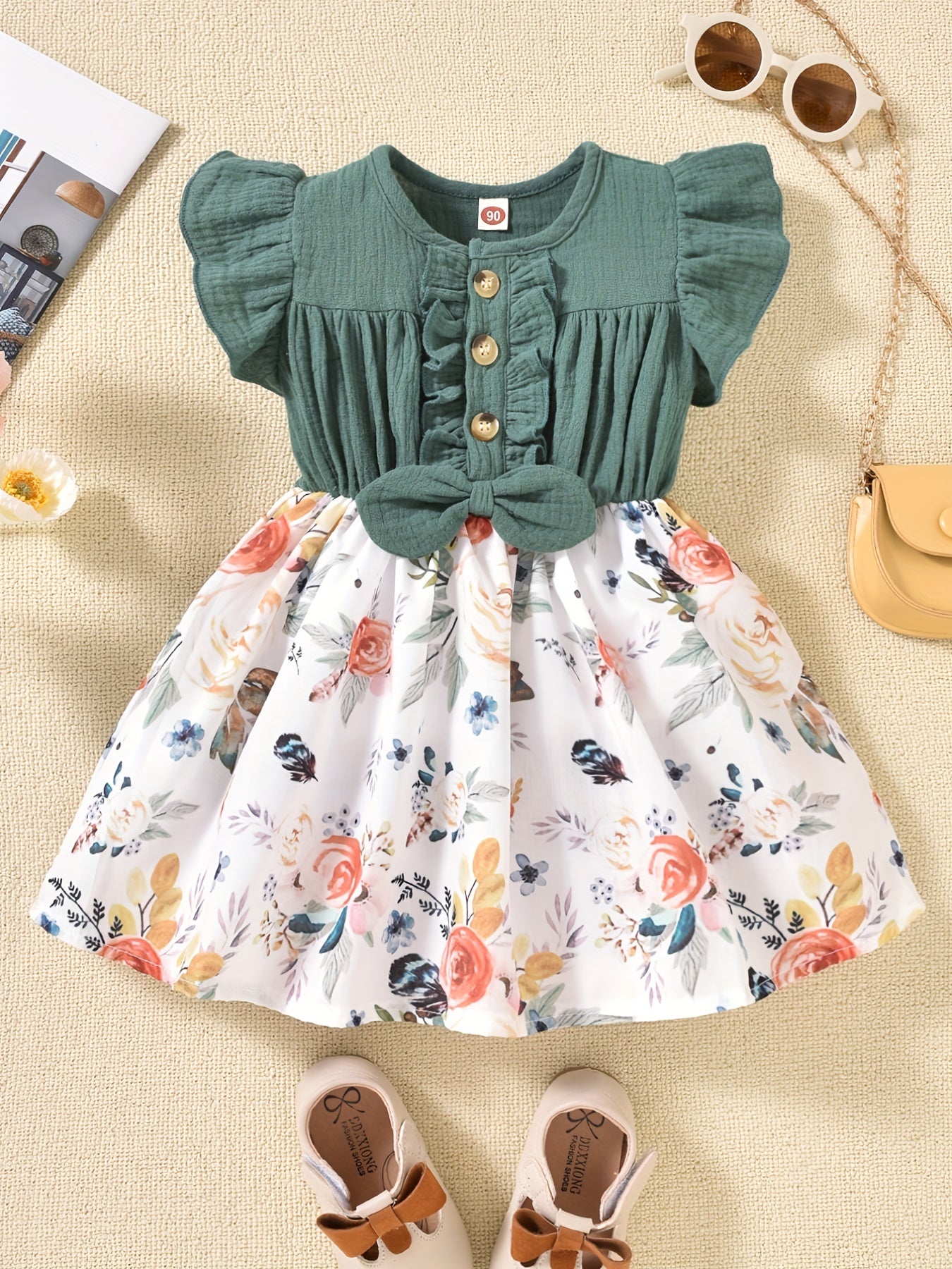 Girl's Floral Print Ruffle Button Down Tutu Dress