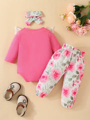 Baby Girls Letter Triangle Bodysuit Floral Bow 3pcs Set