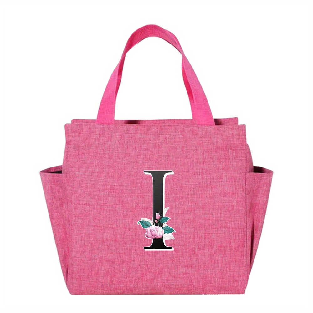 Floral Initial Insulated Lunch Bag Pink High Capacity Thermal Cooler Tote