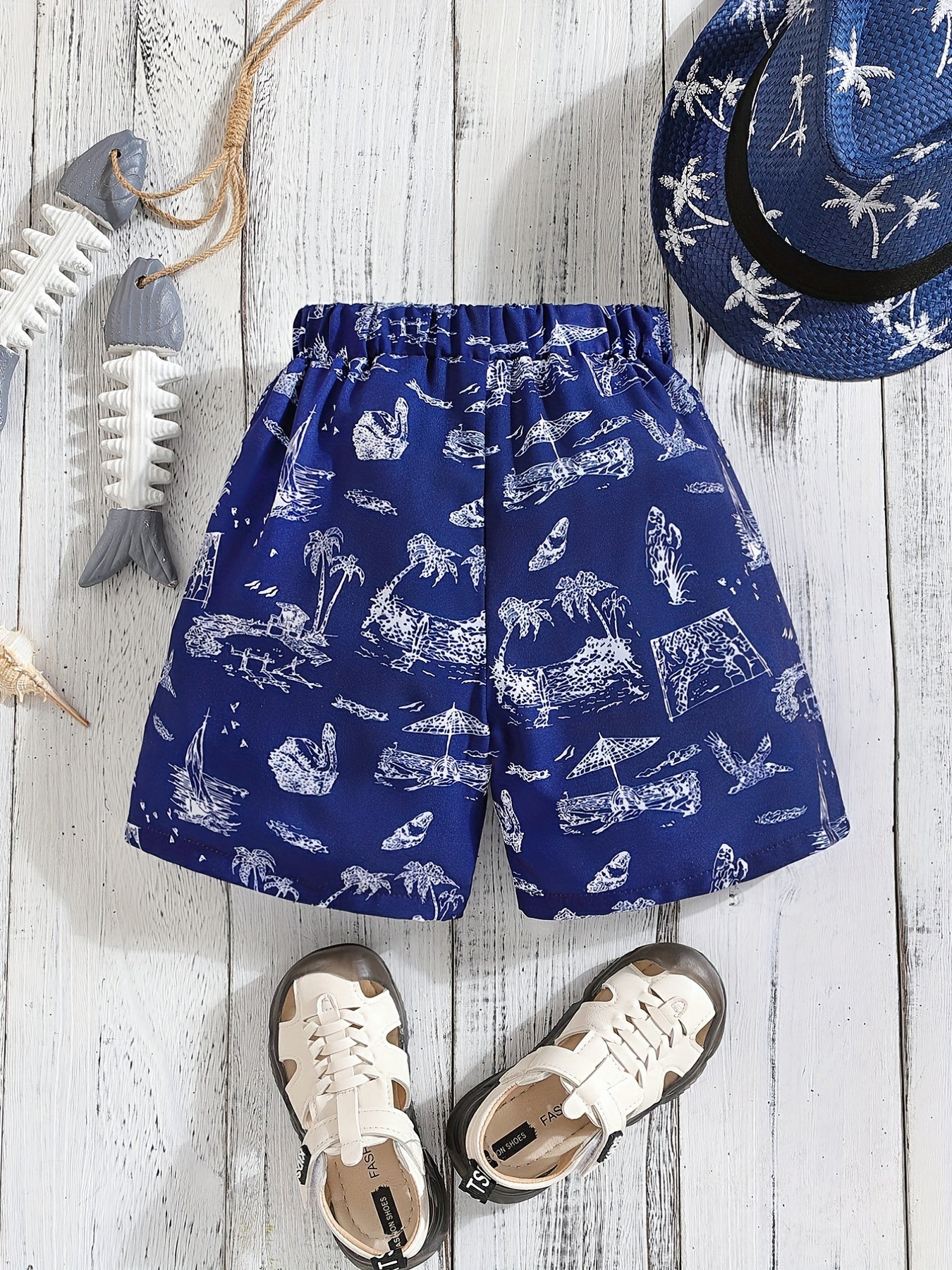 Boys Bird Sailboat Trees Print Short Sleeves Shirt For Vacation Beach