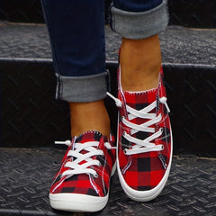 Red Plaid Canvas Shoes Lace Up Flat Sneakers Lightweight Low Top Shoes