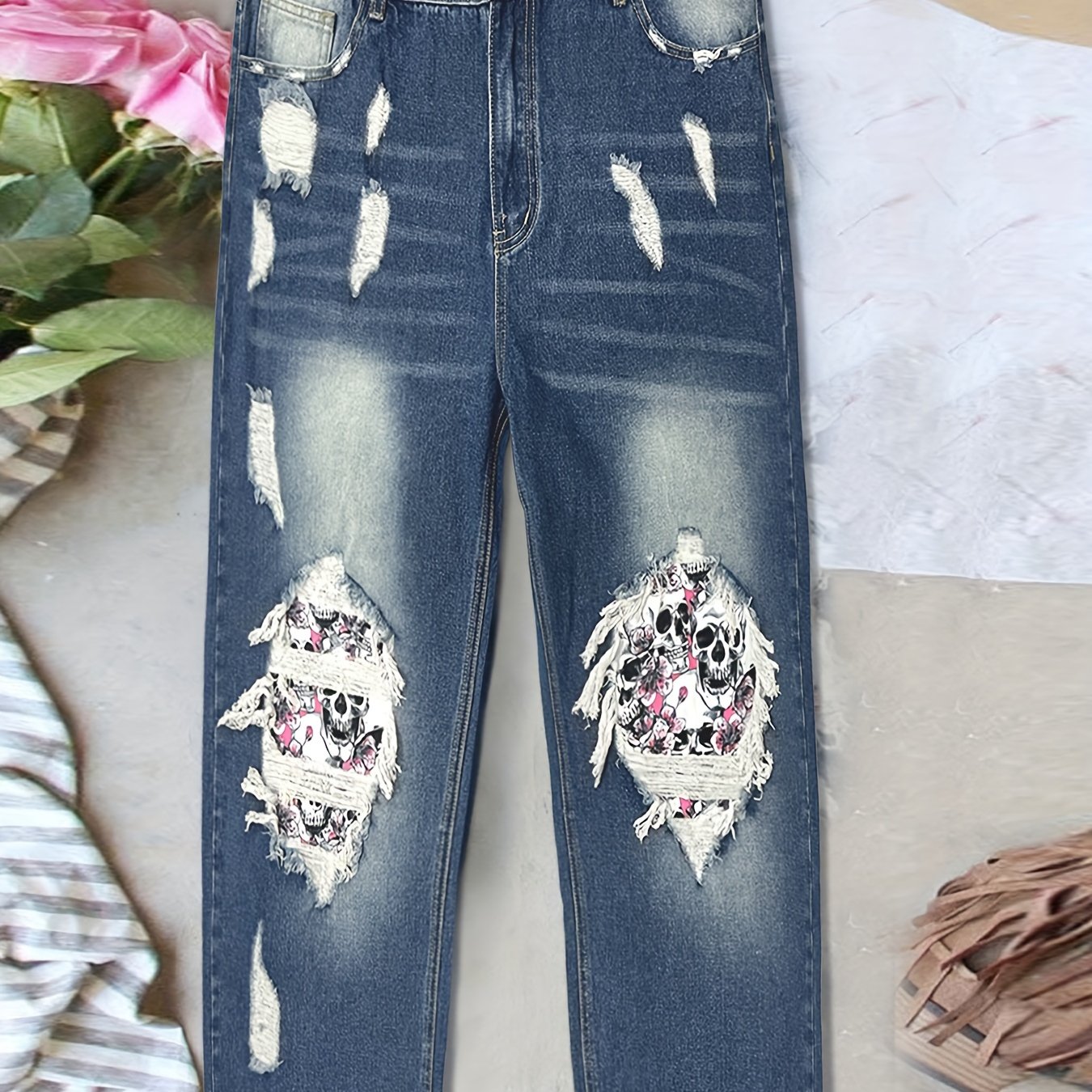 Colorblock Floral Skull Print Ripped High Rise Jeans