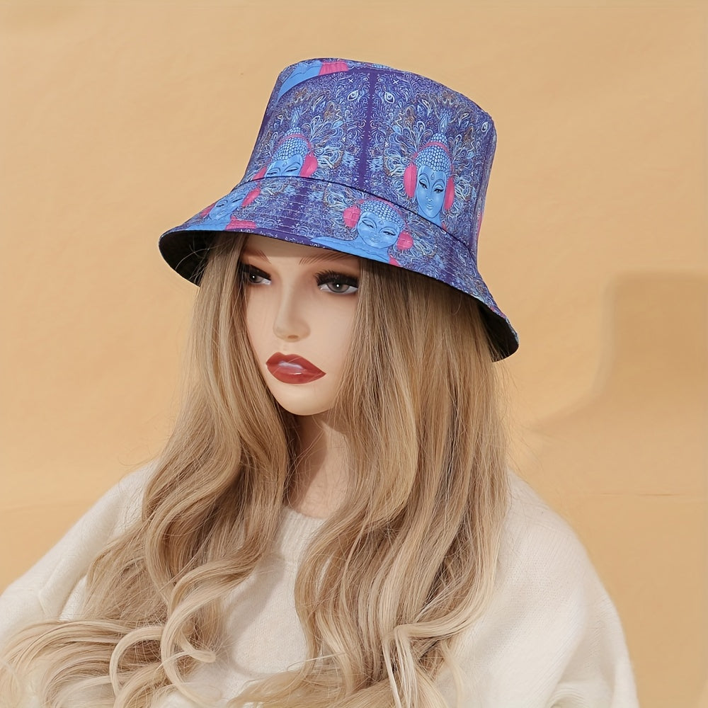 Buddha Print Reversible Bucket Hat Vintage Boho Basin Hat Casual Lightweight Cap