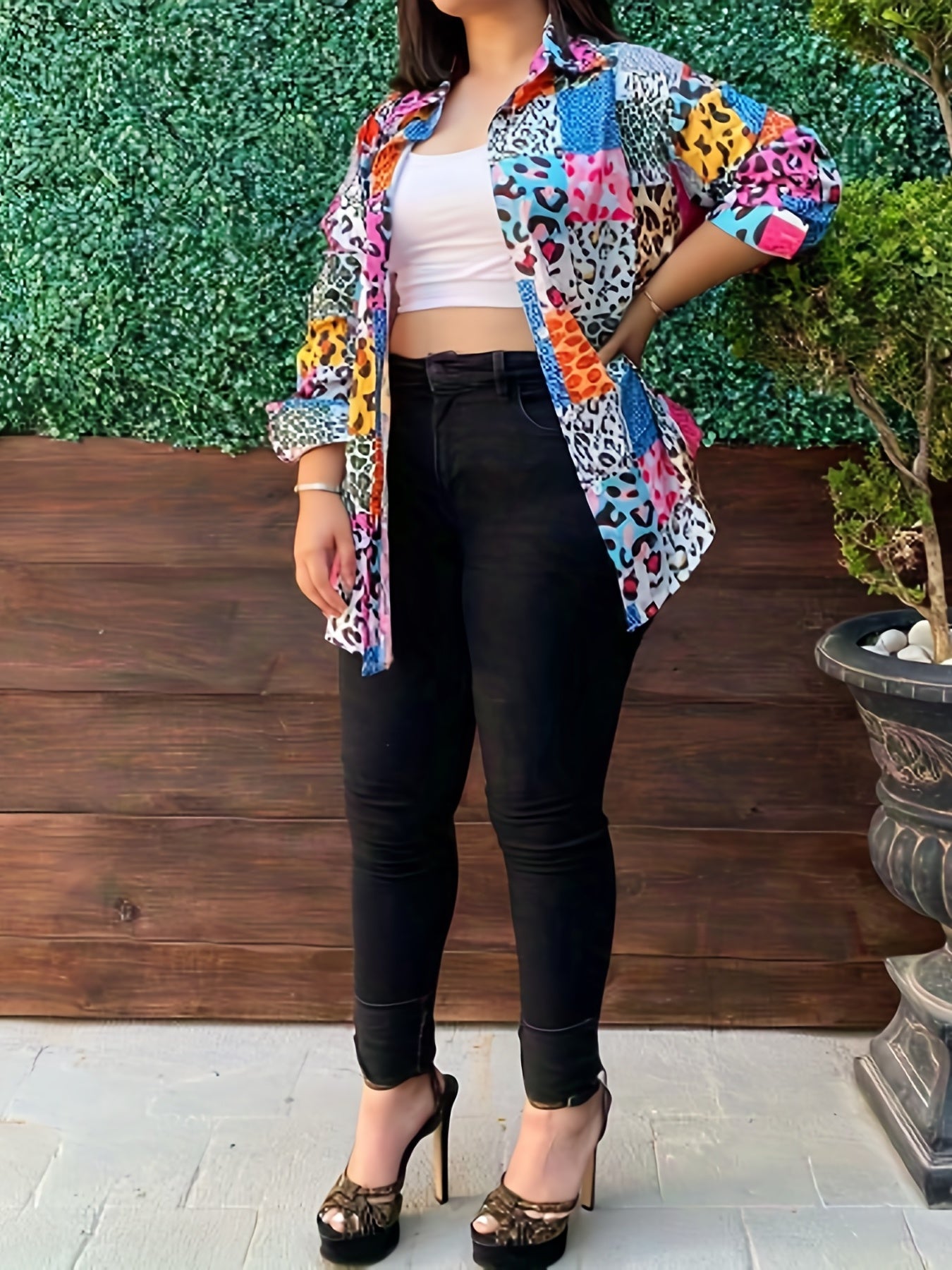 Colorblock Leopard Print Button Up Shirt