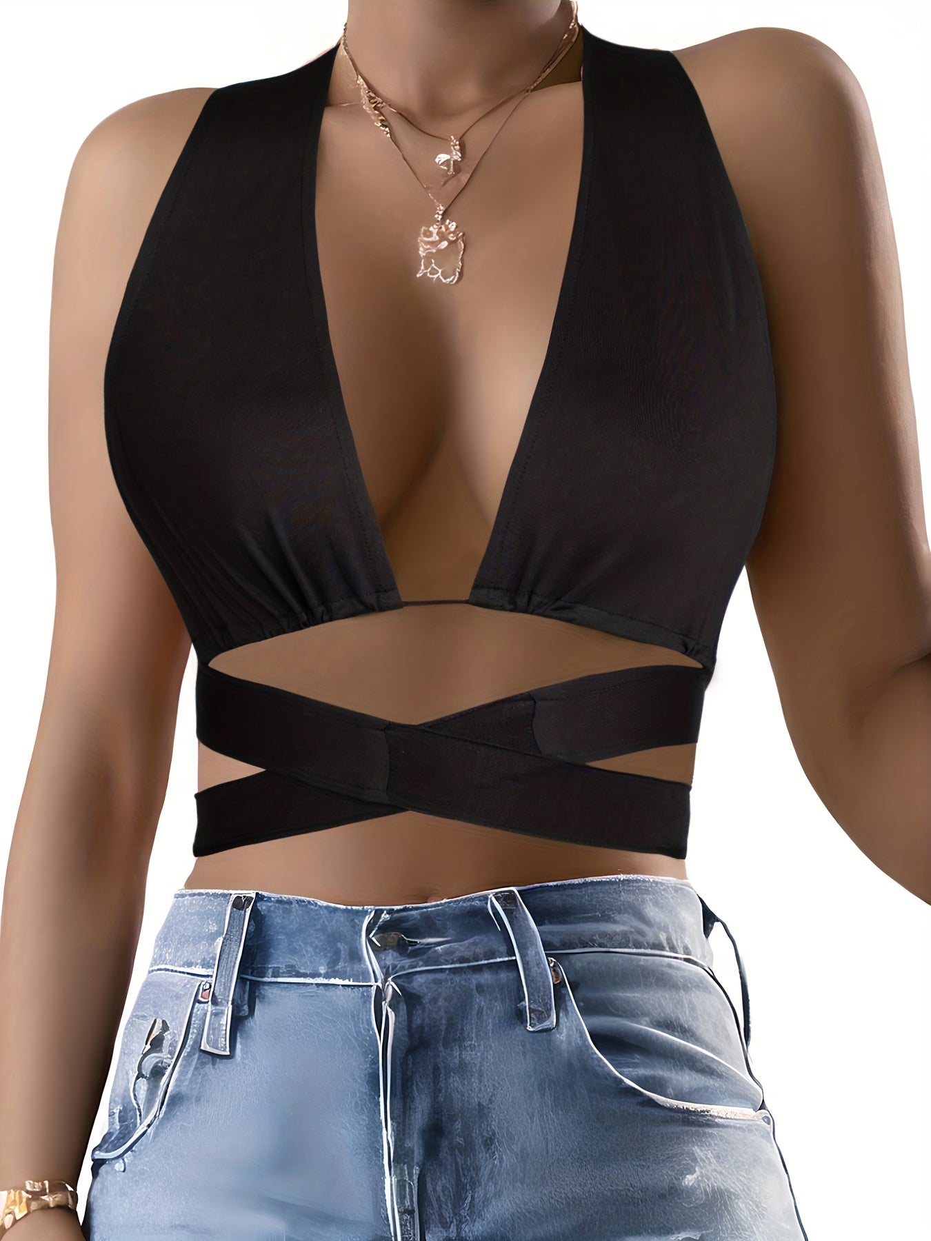 Deep V Neck Tank Top Vacation Tie Back Sleeveless Top