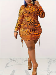 Abstract Stripe Print Side Tie Ruched Bodycon Midi Dress
