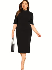 Solid Half Sleeve Mock Neck Midi Dress