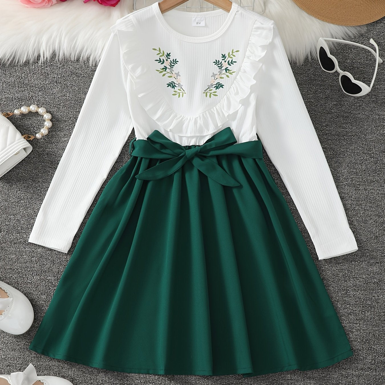 Girls' Floral Ruffle Knit Top A Line Midi Dress