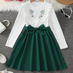 Girls' Floral Ruffle Knit Top A Line Midi Dress