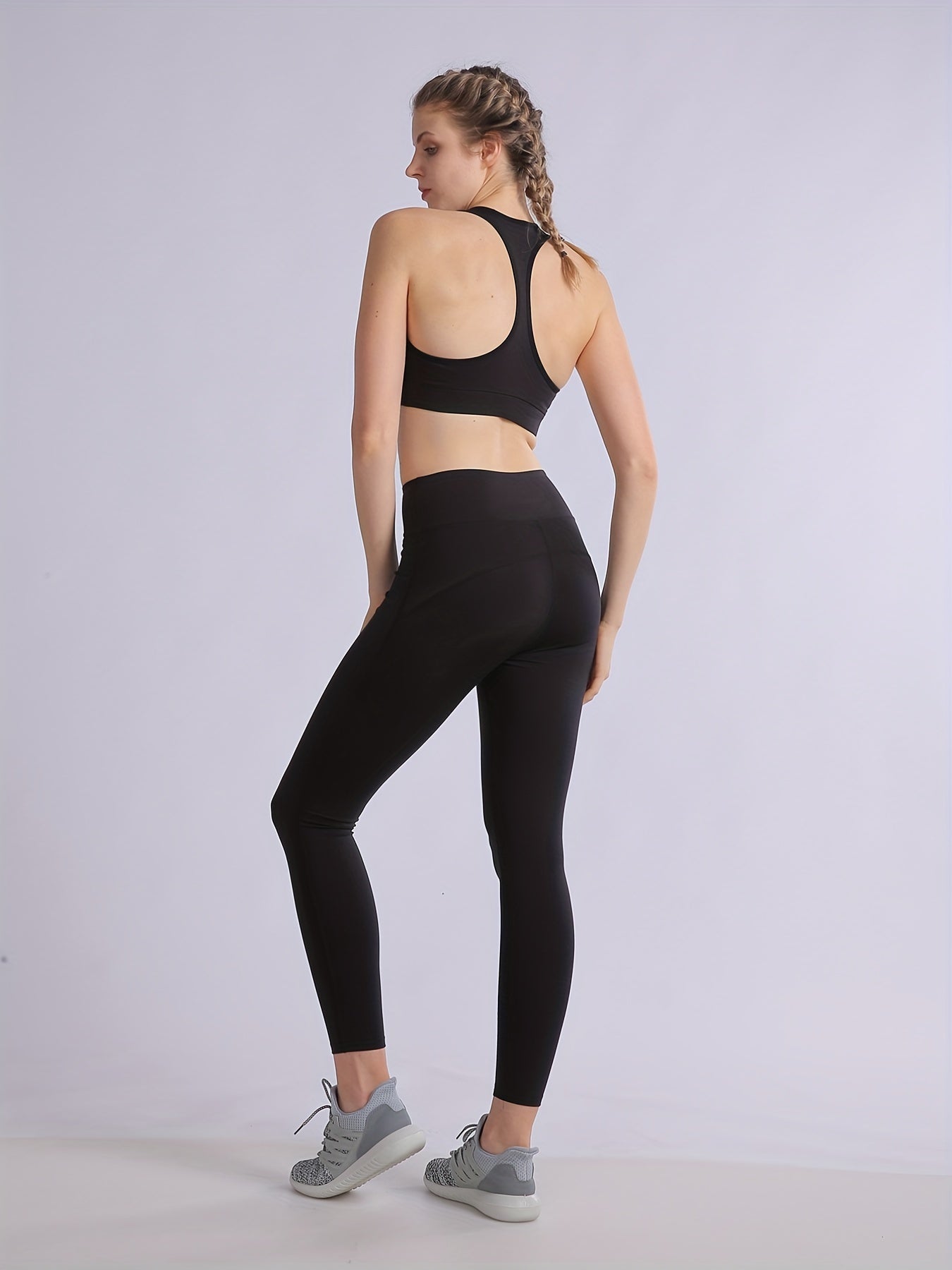 2pcs Solid Yoga Sports Bra & Leggings Set Women's Activewear