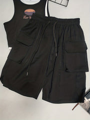 Solid Cargo Shorts Elastic Waist Wide Leg Shorts