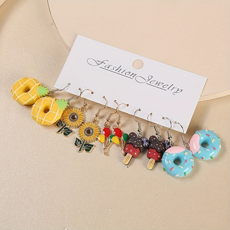 5 Pairs Cartoon Flower Donut Dangling Earrings Set For Kids