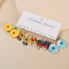 5 Pairs Cartoon Flower Donut Dangling Earrings Set For Kids