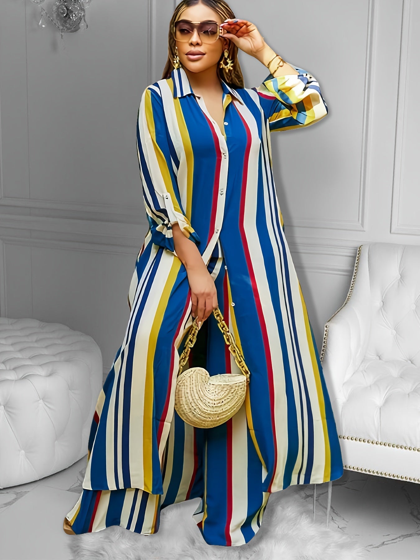 Women's Plus Size Striped Long Sleeve Shirt & Wide Leg Pants Outfit Set