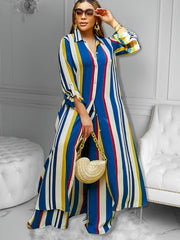 Women's Plus Size Striped Long Sleeve Shirt & Wide Leg Pants Outfit Set