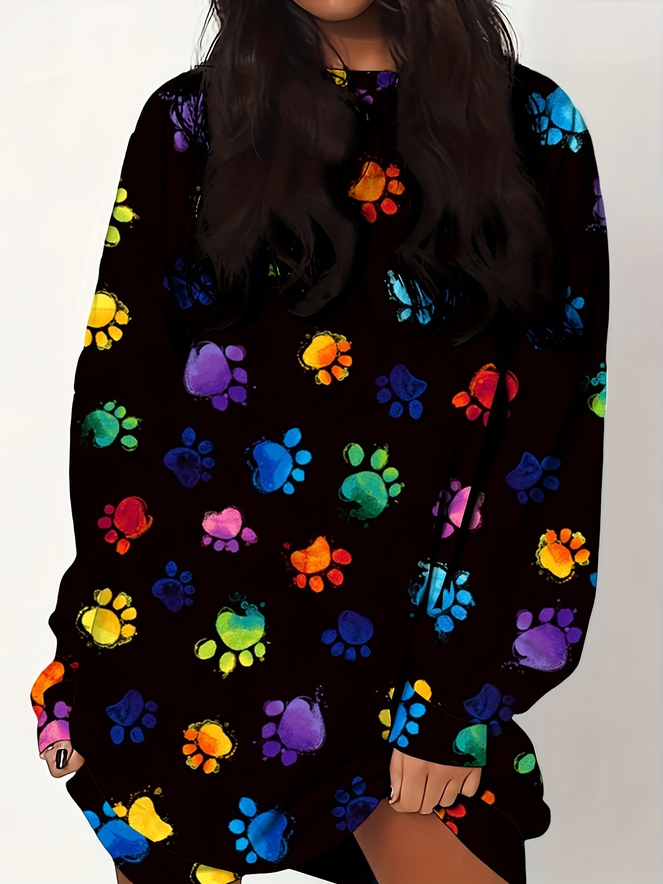 Colorful Dog Paw Print Long Sleeve Round Neck Dress