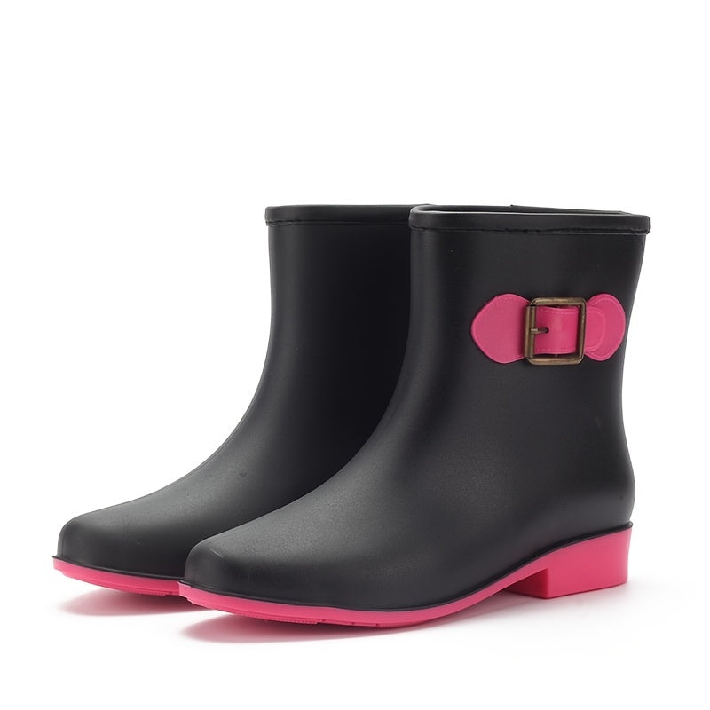 Women's Low Heel Rain Boots Round Toe Slip On Waterproof Shoes