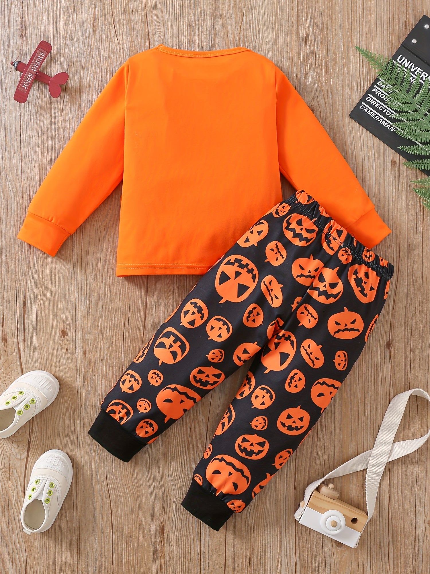 2pc Toddler Pumpkin Pajamas Set Long Sleeve Top & Pants Halloween Style Loungewe